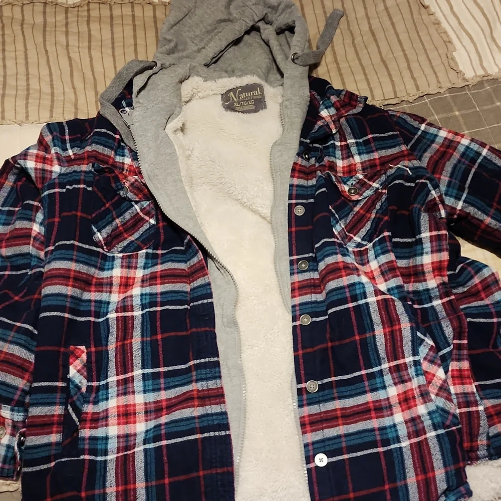 Plaid jacket with hood and fur on inside - Picture 1 of 1